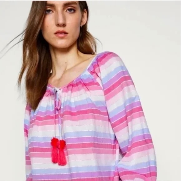 J. CREW Top Blouse Stripes Boho Cotton Peasant Festival Metallic Pink Small - Picture 4 of 10